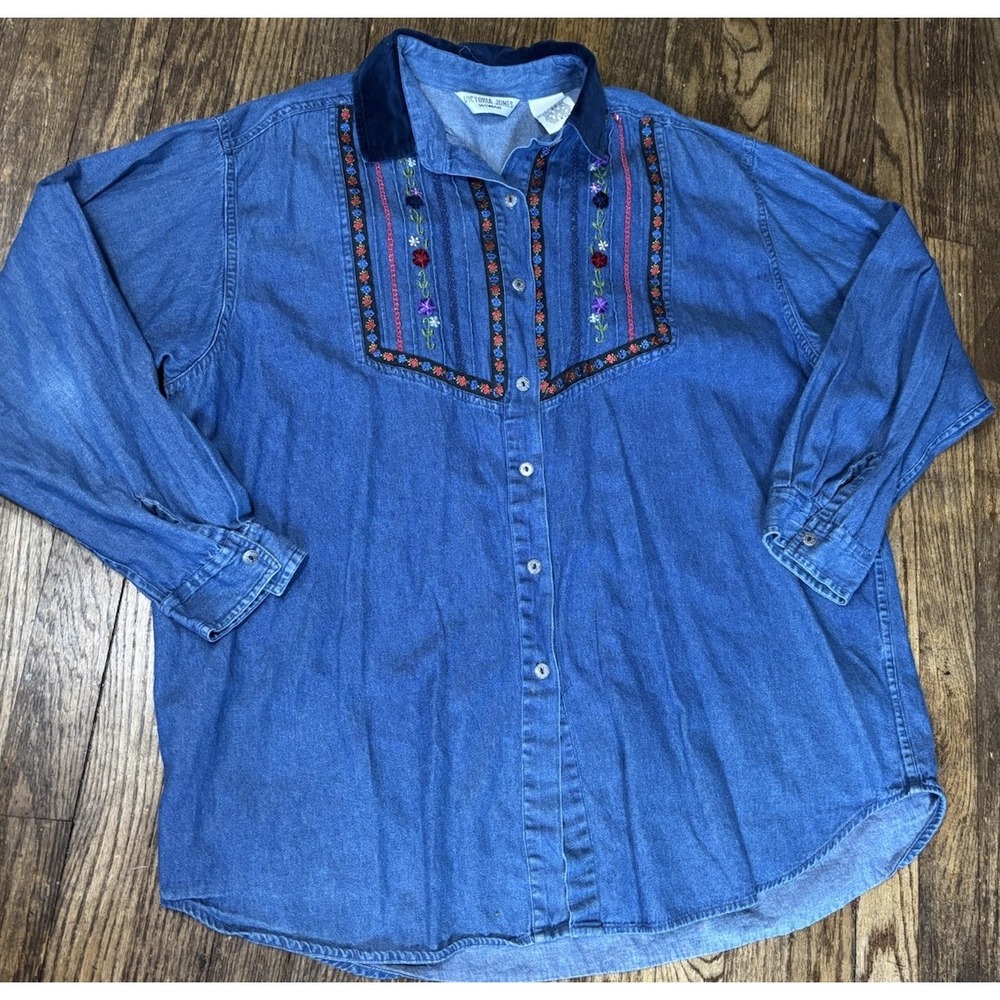Victoria‎ Jones Woman Denim 20W Flowers Cottage Granny core Vtg 90s Embroidered